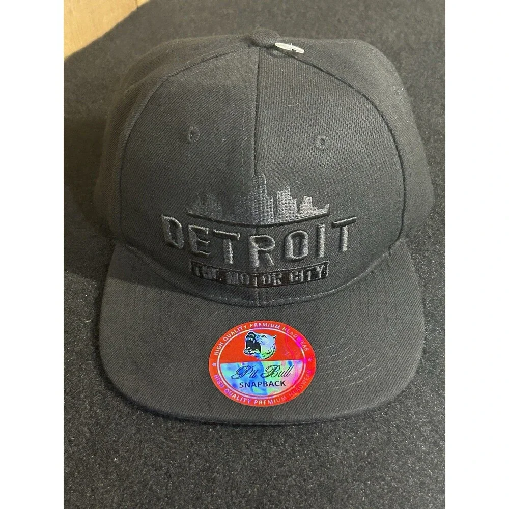 Detroit The Motor City Pit Bull Snap Back Hat/Cap Black Embroidered Nice Clean